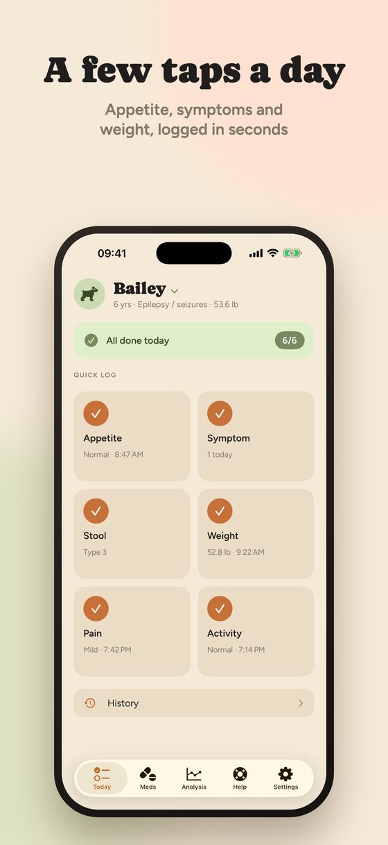 The Today screen: appetite, symptoms and weight logged in a few taps